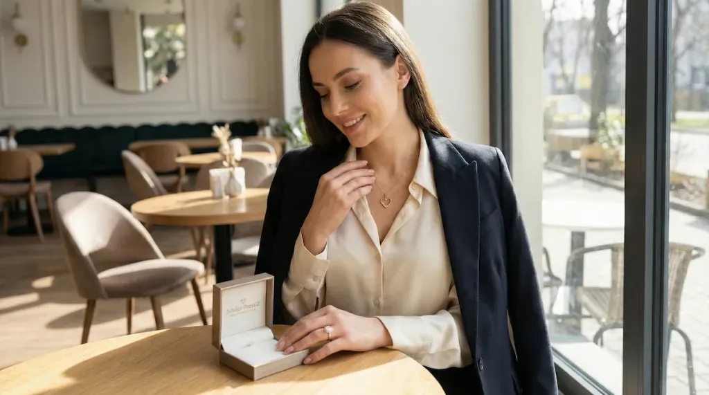 Zbliżenie na dekolt kobiety w eleganckiej czarnej marynarce, prezentującej kaskadowo założone nowoczesne złote zawieszki próby 585 z kolekcji Jubiler Prestiż.