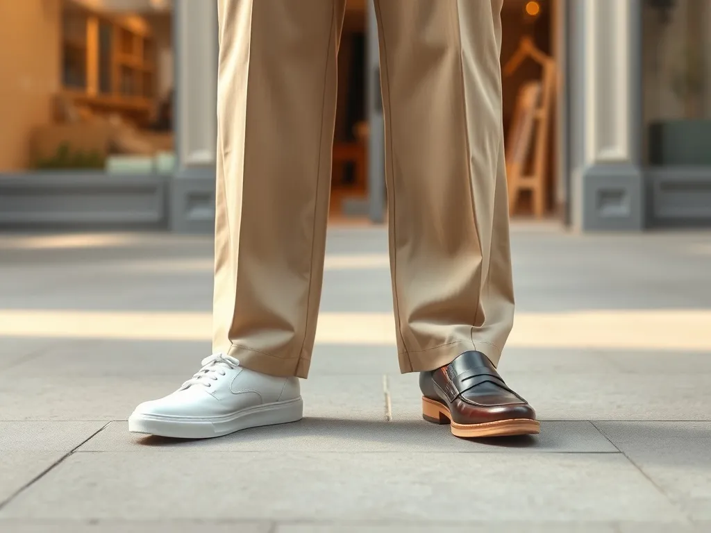 Szerokie, neutralne spodnie zestawione z białymi sneakersami i klasycznymi półbutami, pokazujące różne style obuwia.