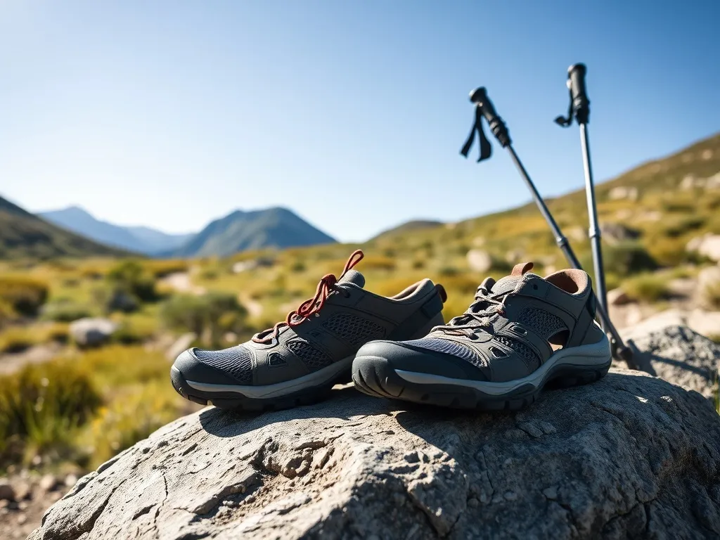 Lekkie buty trekkingowe i sandały na skale przy letnim górskim szlaku, pokazujące obuwie idealne na wakacyjne wędrówki