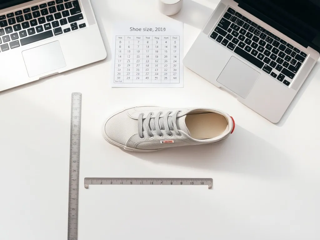 Jasny sneakers obok linijki z zaznaczoną długością 27 cm na biurku, w tle tabela rozmiarów butów przy laptopie.