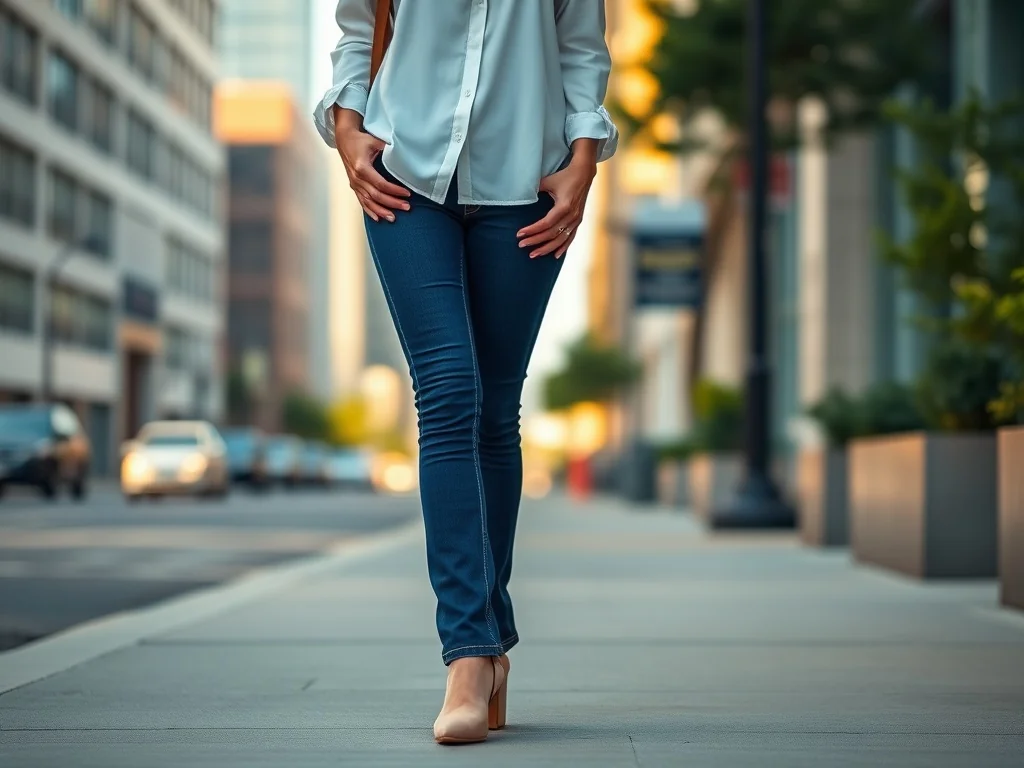 Kobieta w ciemnych jeansach bootcut i białej bluzce na miejskim chodniku, przykład stylowego, codziennego looku.